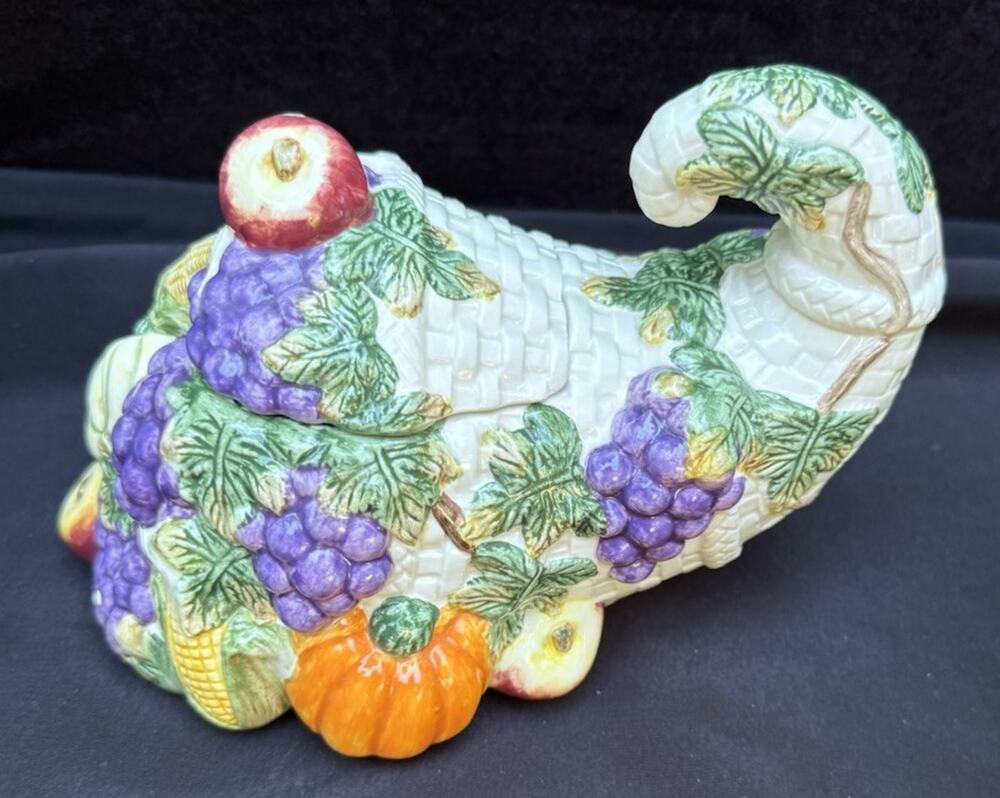 Fitz & Floyd Omnibus 1993 Harvest Bounty Cornucopia Ceramic Candy Bowl Lid EUC